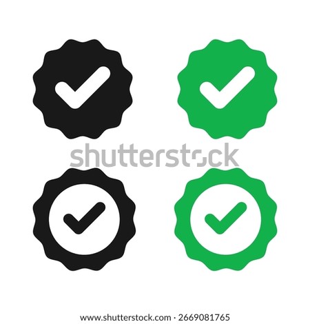 Check Mark Badge Icons Set – Verified Quality, Approval, Certification, Success Symbol in Black and Green