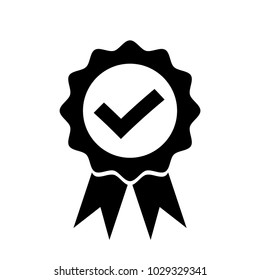 Check mark in badge with ribbons icon. Flat style design vector illustration. 