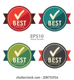 Check Mark and Best Choice Sign on Badge, Icon, Button, Label Isolated on White, Vector Format