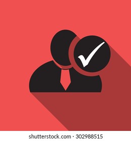 Check mark black man silhouette icon on the red vintage background, long shadow flat design icon for forums or web