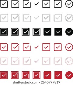 Check mark black, red icon set Vector Images, tick mark and checkbox, checked vector, PNG icon, symbol or image. Isolated tick symbols. Checklist signs, Right sign concept.Flat and modern checkmark