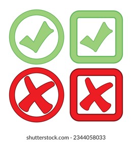 Check Mark Box Icon, Green Yes And Red No Sign, Tickmark Correct And Wrong Set Symbol, Check Mark Stickers Set, Cross, Approved Button And Reject Button, Set Of Glossy Button Vector Illustration