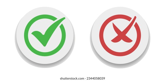 Check Mark Box Icon, Green Yes And Red No Sign, Tickmark Correct And Wrong Set Symbol, Check Mark Stickers Set, Cross, Approved Button And Reject Button, Set Of Glossy Button Vector Illustration