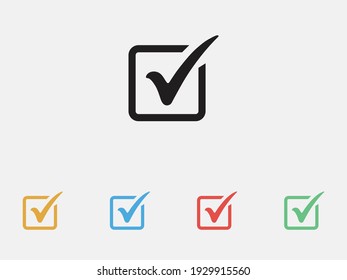 Check mark in box sign. Checkbox icon. Check, check mark vector icon. Tick icon. Filled icon. Set of colorful flat design. 