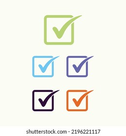 Markieren Sie das Kästchen Zeichen. Checkbox-Symbol. Markieren Sie das Vektorsymbol. Tick-Symbol. Ikone gefüllt. Set von bunten flachen Design.
