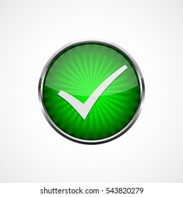 Check mark button. Vector illustration. Green glossy button with check mark on light background. Green yes button.