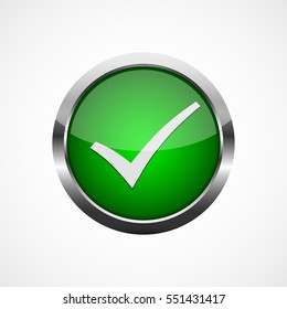 Check mark button. Vector illustration. Green glossy button with check mark on light background. Green yes button.