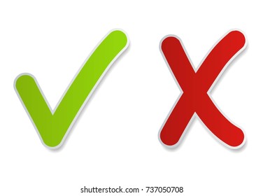 Check mark buttons icon. Tick and cross vote symbol. Green - yes, red - no. Template design for web or mobile app. Vector illustration