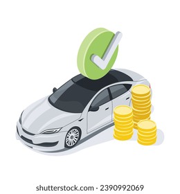 Check mark, car, money. Vector 3d isometric, color web icons, new flat style. Creative design idea for infographics.