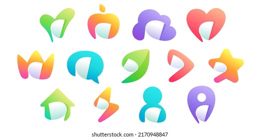 Check mark, chat, star, play button, crown, lightning, user profile, cloud, and leaf icons set with curled corner. Negative space style emblems. Logos for your stickers, crypto app, and NFT identity.