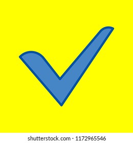 Check mark, checkbox icon. Vector. Office style blue icon at yellow background.