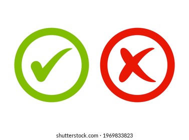 CHECK MARK - CHECKMARK OK AND RED X. YES AND NO BUTTON FOR VOTE IN CIRCLE. GREEN AND RED CROSS AND CHECK MARK ICONS. VECTOR