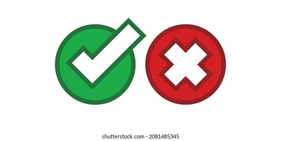 Marque los iconos de elección. Marque y x, confirme y niegue el botón de icono de círculo. Botón de casilla de verificación para elegir, cuadro de respuesta de círculo para lista de verificación, signo de aprobación.