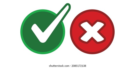 Markieren Sie Auswahlsymbole. Tick und x, Bestätigen und Leugnen der Kreis-Symbol-Schaltfläche. Markierungsknopf zur Auswahl, Kästchen für die Antwortliste, Genehmigungszeichen.