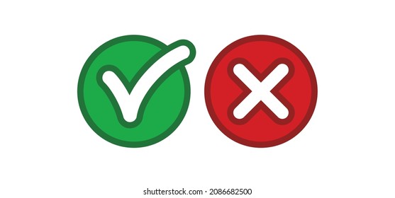 Markieren Sie Auswahlsymbole. Tick und x, Bestätigen und Leugnen der Kreis-Symbol-Schaltfläche. Markierungsknopf zur Auswahl, Kästchen für die Antwortliste, Genehmigungszeichen.