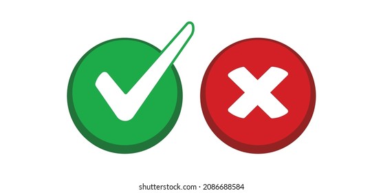 Check mark choice icons. Tick and x, confirm and deny circle icon button. Checkbox button for choose, circle answer box for checklist, approval sign.