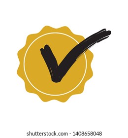 Check mark circle badge yellow color with black arrow. Check mark good quality sign badge vector eps10. Yes or approved sign.