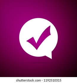 Check mark in circle icon isolated on purple background. Choice button sign. Checkmark symbol. Flat design. Vector Illustration