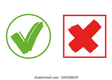 Check mark.  Circle and square, rounded corners Icons.  Icons for evaluation quiz.  Vector. Tick and cross vector icons. Yes and No symbols.