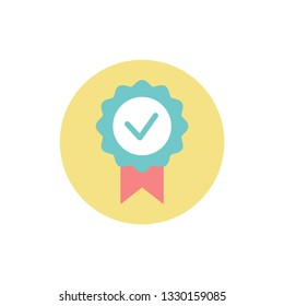 Check mark in circle vector, prize award for achievements isolated icon. Seal with ribbon and rounded shape, approved choice, positive response tick