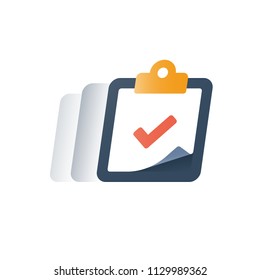 Check mark clipboard, task done, tick sign, complete test, fast service, brief summary concept, questionnaire form, quick opinion poll, enroll in education program, improvement planning, vector icon