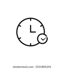 check mark Clock with, linear style icon. scheduled or completed time-based task