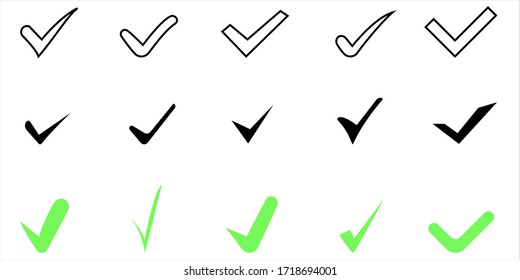 Comprobar colección Mark. Marcar iconos vectoriales en negro y verde, aislados en fondo blanco.