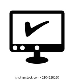 Check mark, computer, desktop, protected icon. Black vector design.