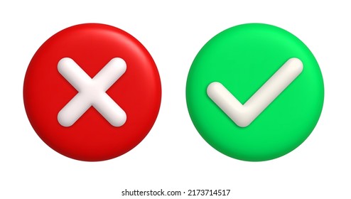 Check mark and cross mark 3d icons on green and red round background. 3d realistic design element. Vector illustration.