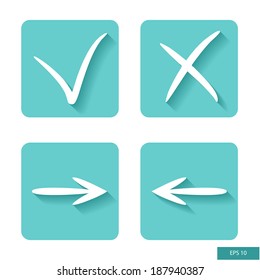 Check mark, cross mark and arrows symbols. Flat design. Vector icon.