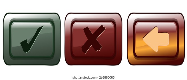 Check mark, Cross and Back Application Buttons, Vector Illustration isolated on White Background. 