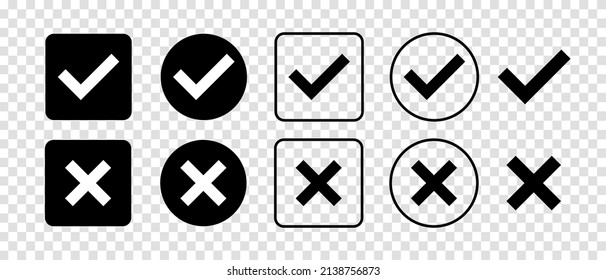 Marcar marca y Marcar conjunto de iconos negros. Símbolos de garrapatas aislados. Señales de la lista de comprobación. Concepto de signo correcto e incorrecto. Diseño de marca de verificación plana y moderna. Ilustración del vector