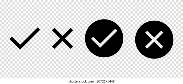 Check mark, cross black vector icons set. Isolated check mark symbol, right and wrong sign concept on transparent background