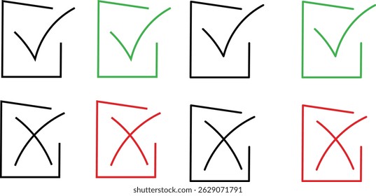 Check Mark and Cross Box: Approval and Rejection Icons, Tick and X Symbol Set: Outline UI Indicators, 
Confirmation and Error Check boxes: Versatile Graphics.