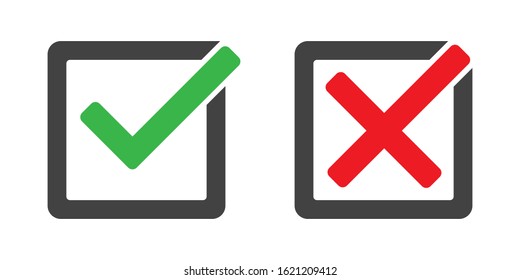 Check mark and cross in box vector isolated icons.  Check mark icon set. Green and red yes and no signs. Green tick. Vote, voting. EPS 10