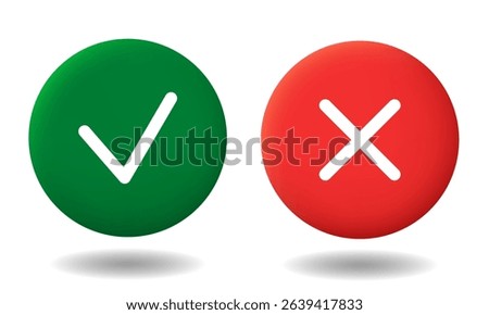 Check mark and cross buttons. Red and green round icons. Vector clipart isolated on white background.