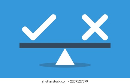 Marcar y cruzar en equilibrio sobre el alero. Concepto de equilibrio pro o contra. Vector de estilo plano infografico ilustración.