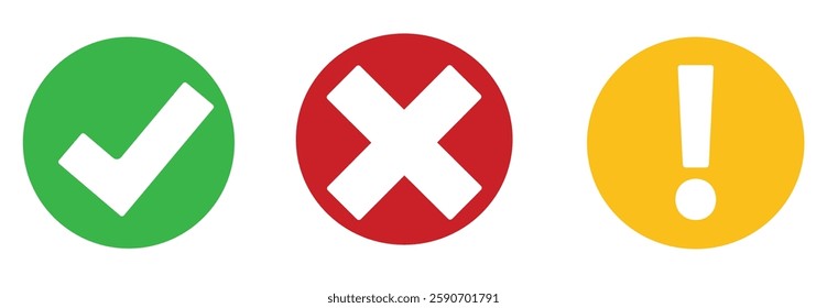 Check Mark, Cross, and Exclamation Icon – Correct, Incorrect, and Warning Symbols, Approval, Error, and Alert Signs, Validation and Caution Indicators Vector Design