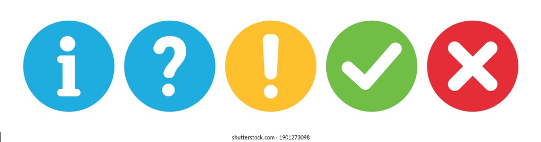 Check mark, cross and exclamation icons vector. Set colored flat buttons. Tick, question and answers mark. Help symbol. FAQ sign isolated on white background. Vector illustration.
