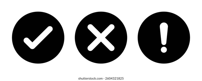 Check mark, cross, and exclamation mark icons in circular shapes for interface alerts, notifications, warnings, success, and error in flat vector style on white background