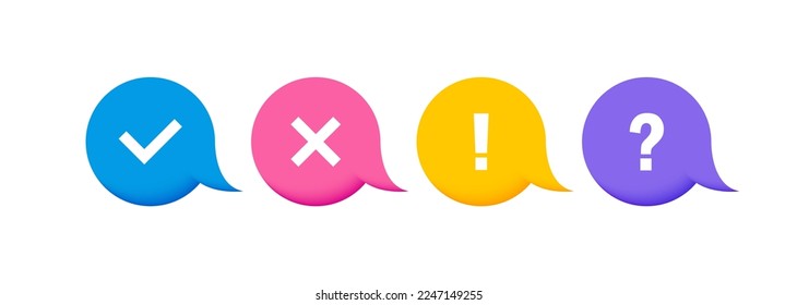 Check mark, cross mark, exclamation mark and question mark icons on 3d speech bubbles. Design concept for web and mobile applications. Vector illustration.