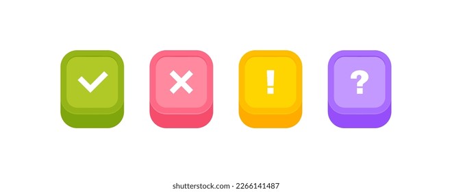 Markieren Sie Markierungen, Quermarken, Ausrufezeichen und Fragezeichen, die auf bunten Schaltflächen isoliert sind. Design-Konzept für Web- und mobile Anwendungen. Vektorgrafik.