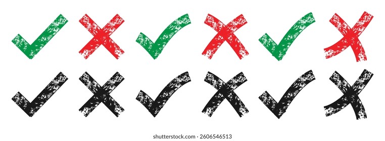 Check mark and cross mark. Grunge brush hand draw Yes and no icon. Check tick mark and cross with brush signs green check mark OK and red icons.