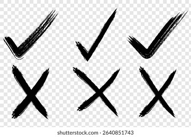 Check mark and cross mark. Grunge brush hand draw Yes and no icon. Check mark or tick mark and cross with brush signs. Grunge checkmarks and cross symbols set.