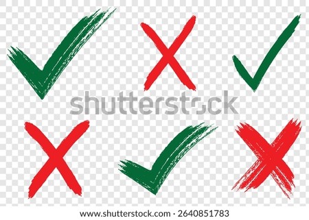 Check mark and cross mark. Grunge brush hand draw Yes and no icon. Check mark or tick mark and cross with brush signs. Grunge checkmarks and cross symbols set.