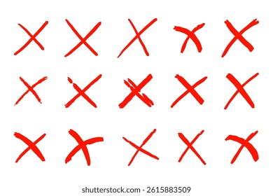 Check mark cross. Hand drawn Doodle brush cross, ban, refusal. Marker sketch. Highlighting text and important objects.  Stock vector illustration isolated on white background.