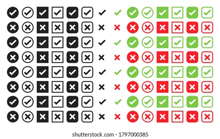 Check mark and cross icon big set vector illustration. Red, green and black choice