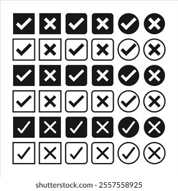 Check mark and cross icon black and white. Checkbox icon with true and false buttons or yes or no check mark icon. Isolated black and white check cross mark, right and wrong sign concept.