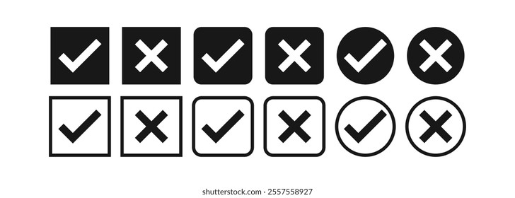 Check mark and cross icon black and white. Checkbox icon with true and false buttons or yes or no check mark icon. Isolated black and white check cross mark, right and wrong sign concept.