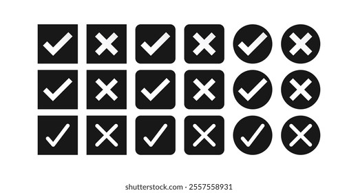 Check mark and cross icon black and white. Checkbox icon with true and false buttons or yes or no check mark icon. Isolated black and white check cross mark, right and wrong sign concept.